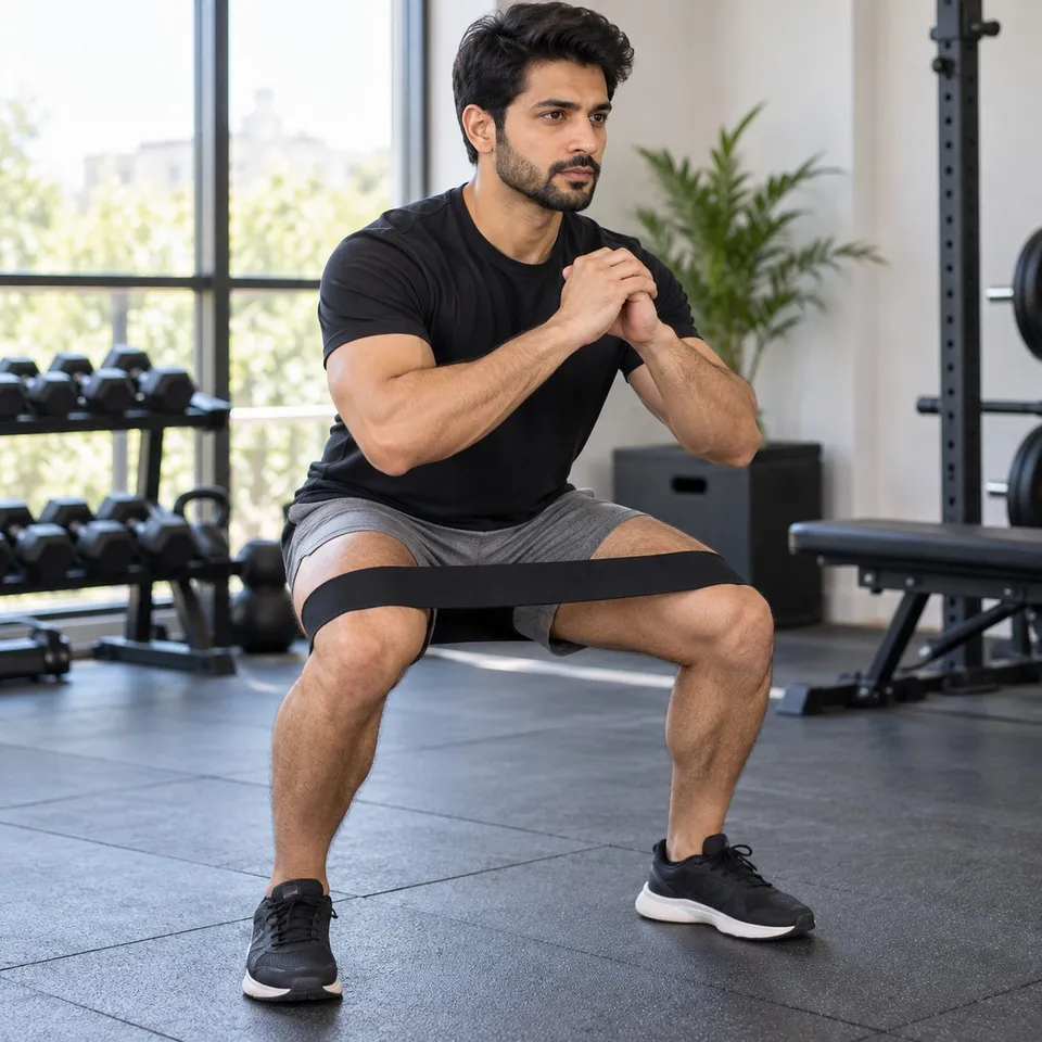 Man doing squats with the hip resistance band