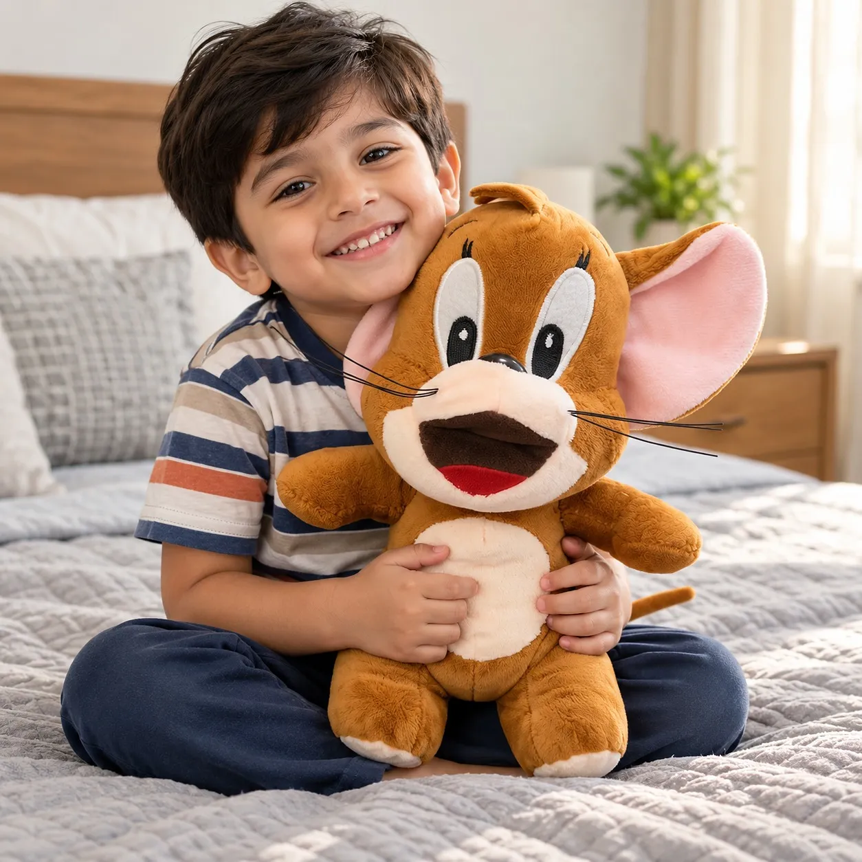 Boy hugging the brown mouse plush toy