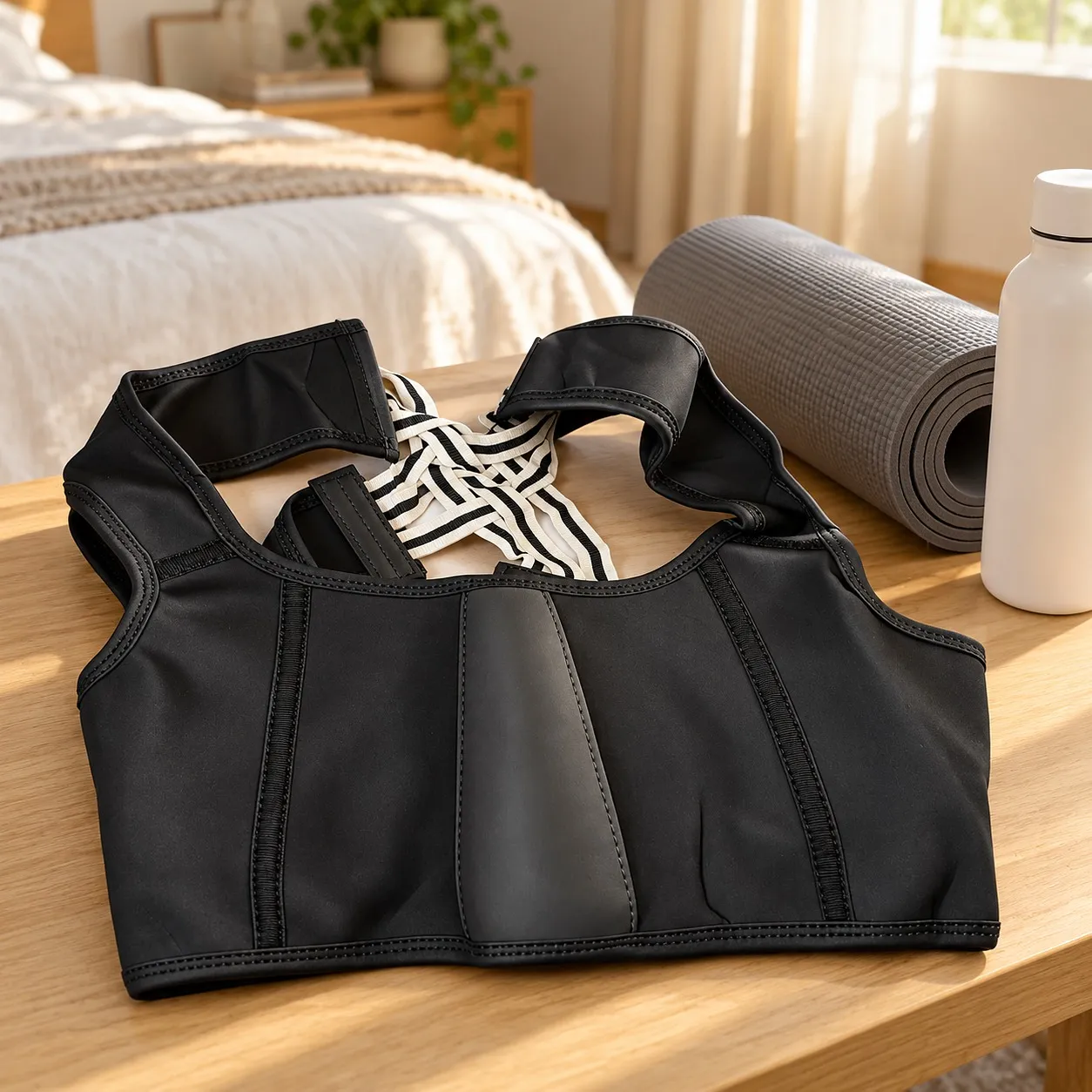 Compression vest folded on a shelf with a yoga mat