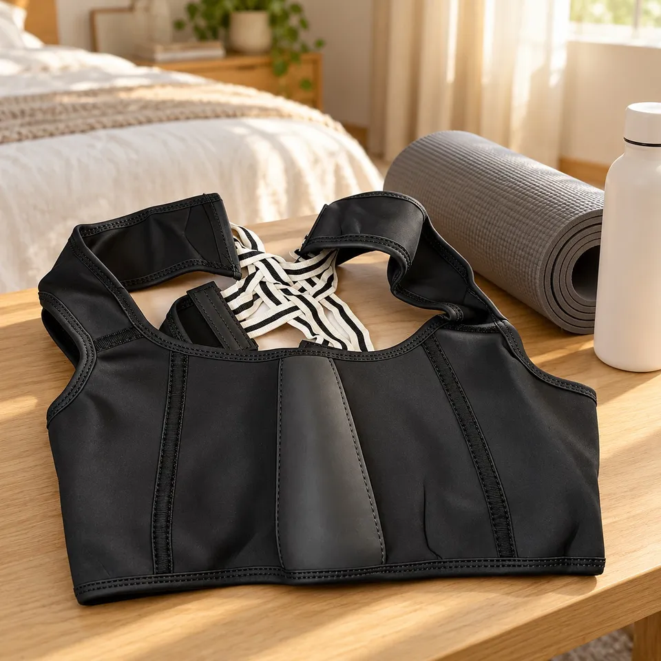 Compression vest folded on a shelf with a yoga mat