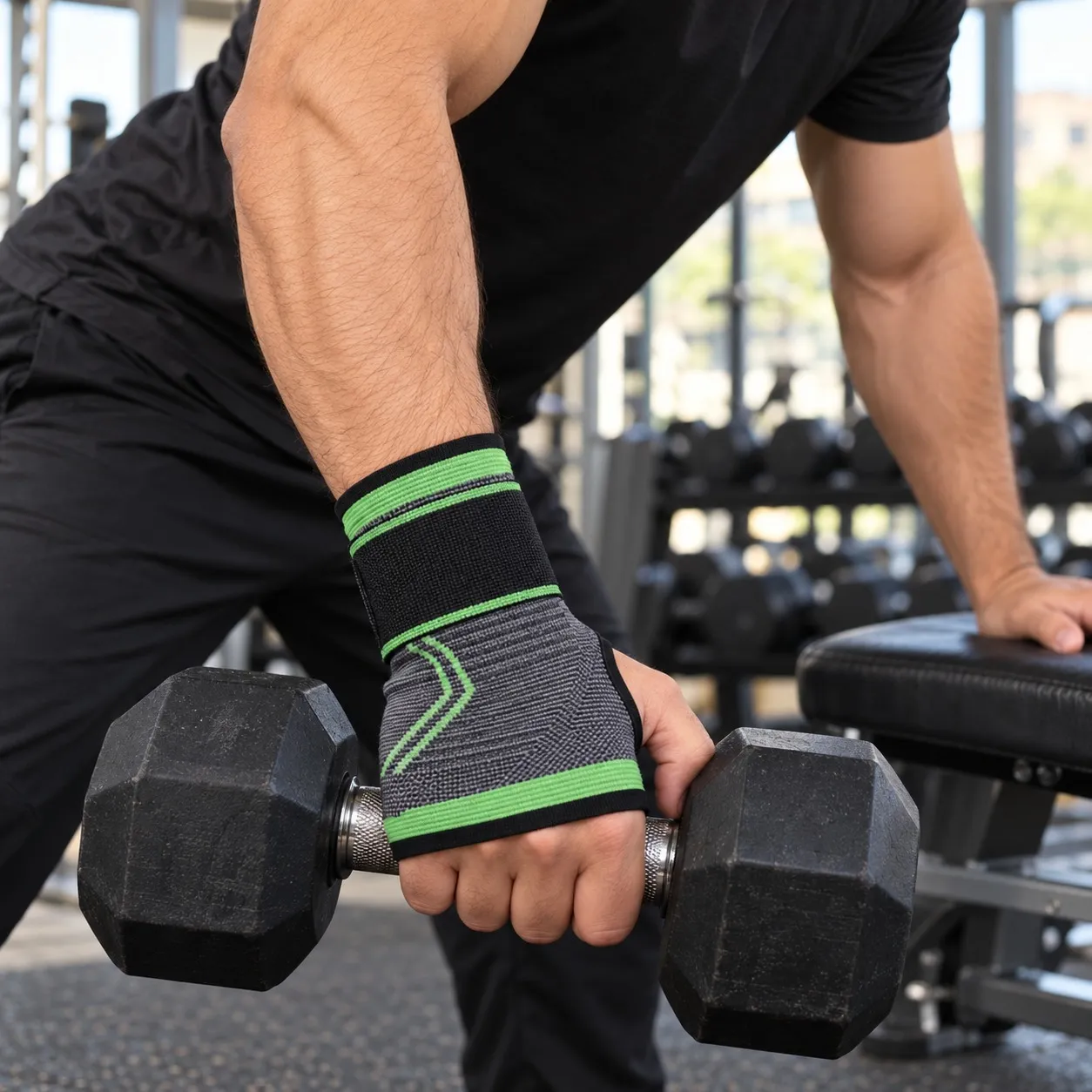 Palm support worn while lifting a dumbbell at the gym