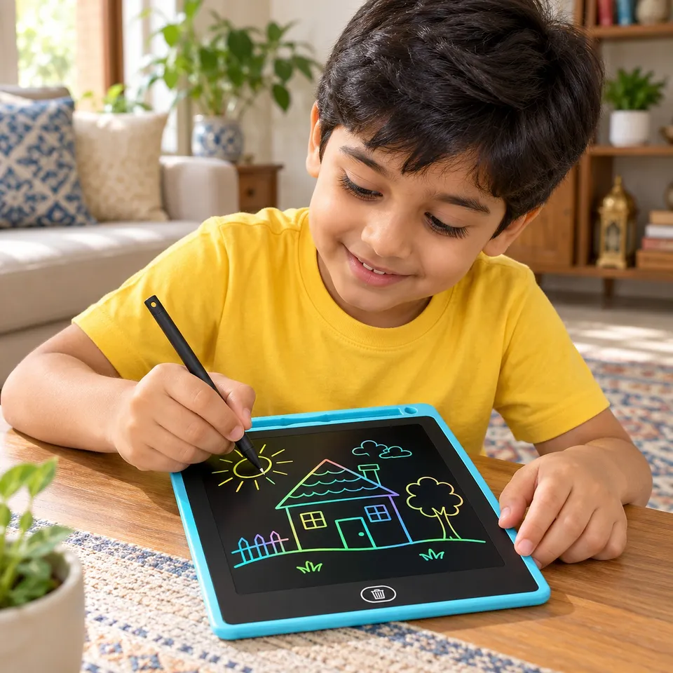 Boy drawing on the colourful LCD tablet at home