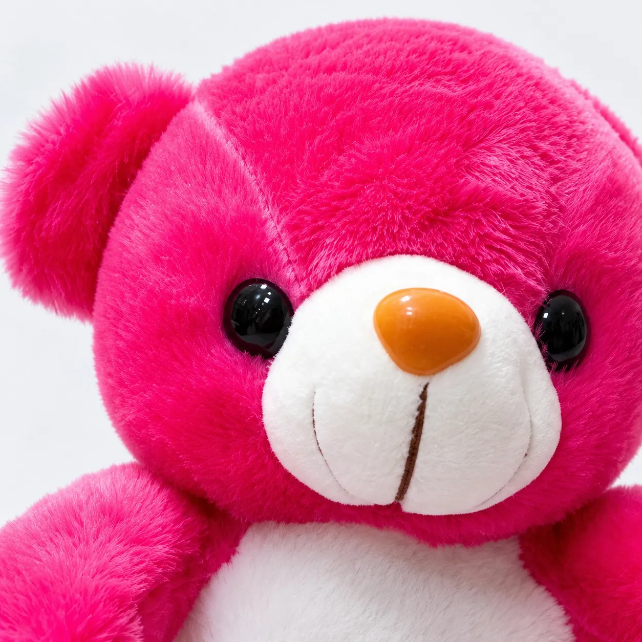 Close-up of the pink teddy bear’s face