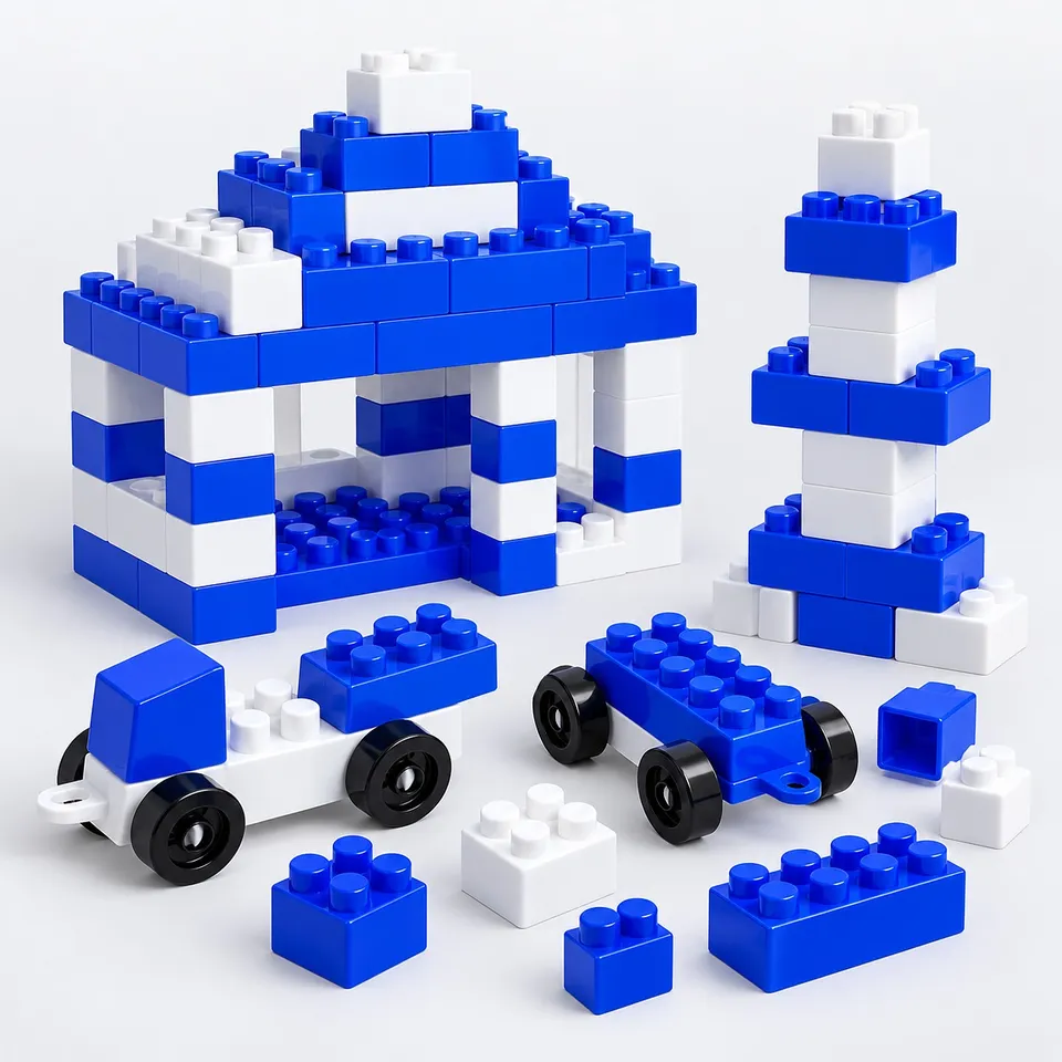 House and tower built from the blue and white blocks