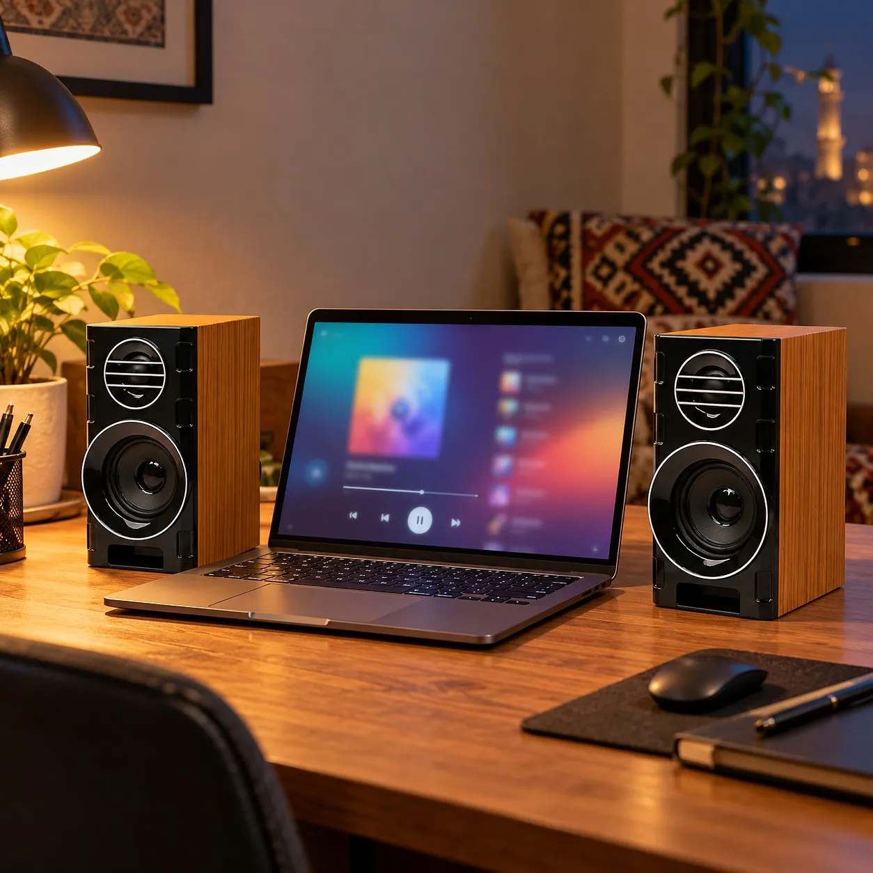 FT-2031 wooden speakers on a desk on both sides of a laptop