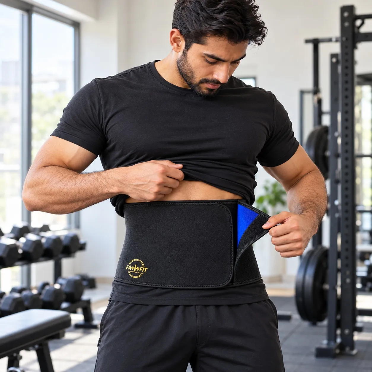 Man fastening the sweat belt before a workout