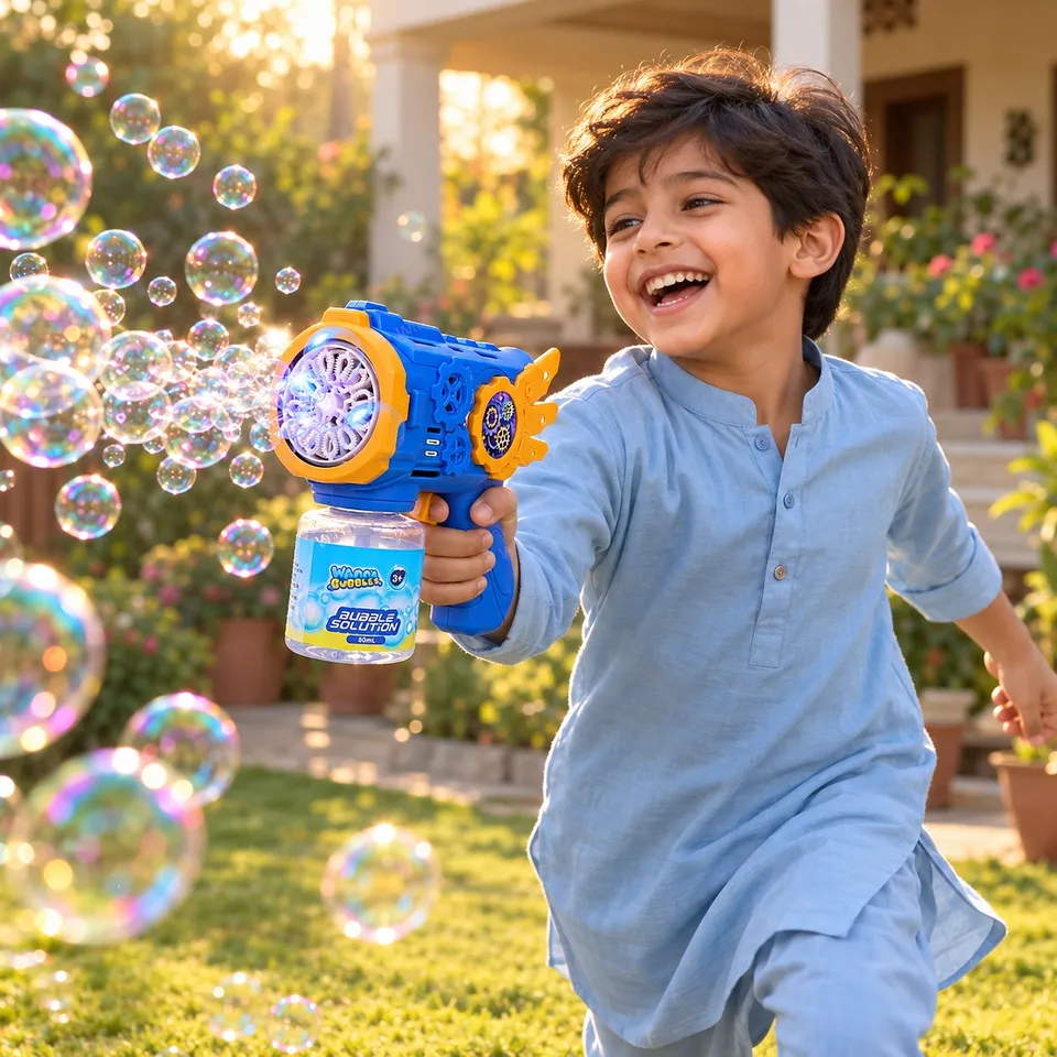 Boy playing with the bubble gun in a garden